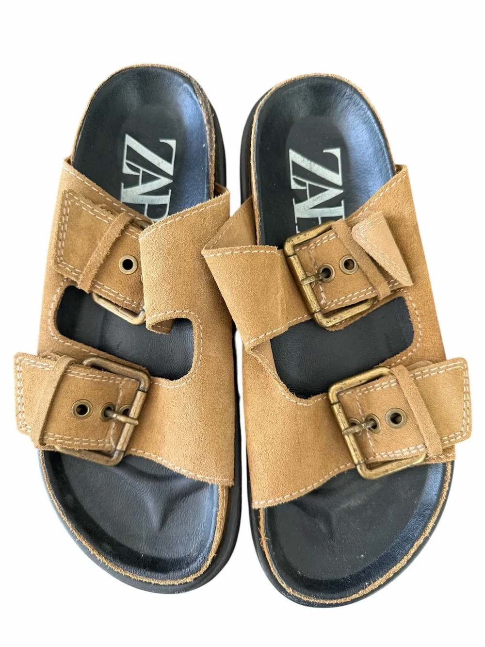 Zara Tan Suede Leather Dad Buckle Slide Sandals Size 39 9 - Picture 3 of 5